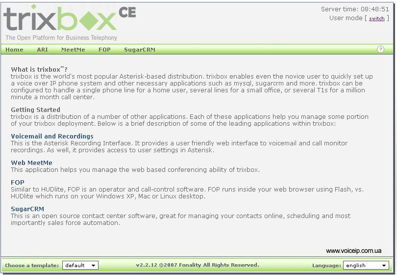 Нажмите для увеличения Trixbox user's start page