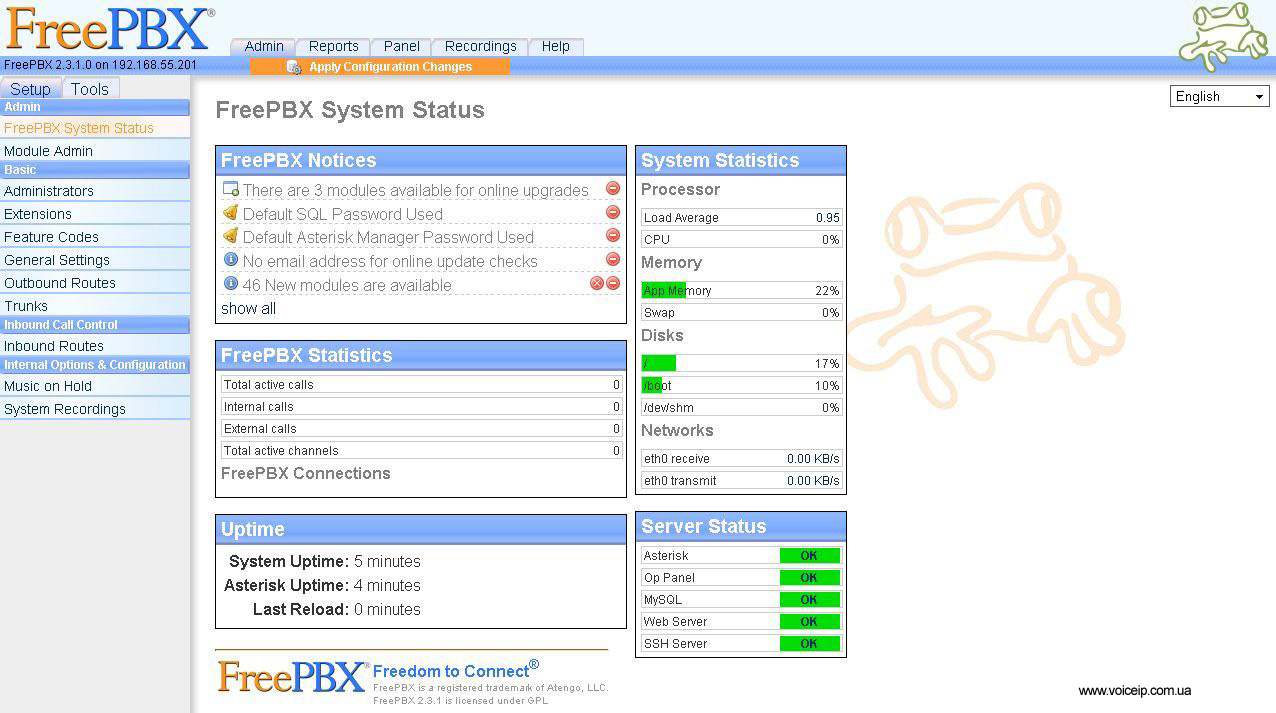 Нажмите для увеличения FreePBX: start page