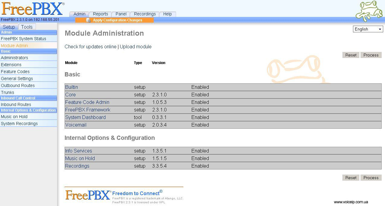 Нажмите для увеличения FreePBX: module admin