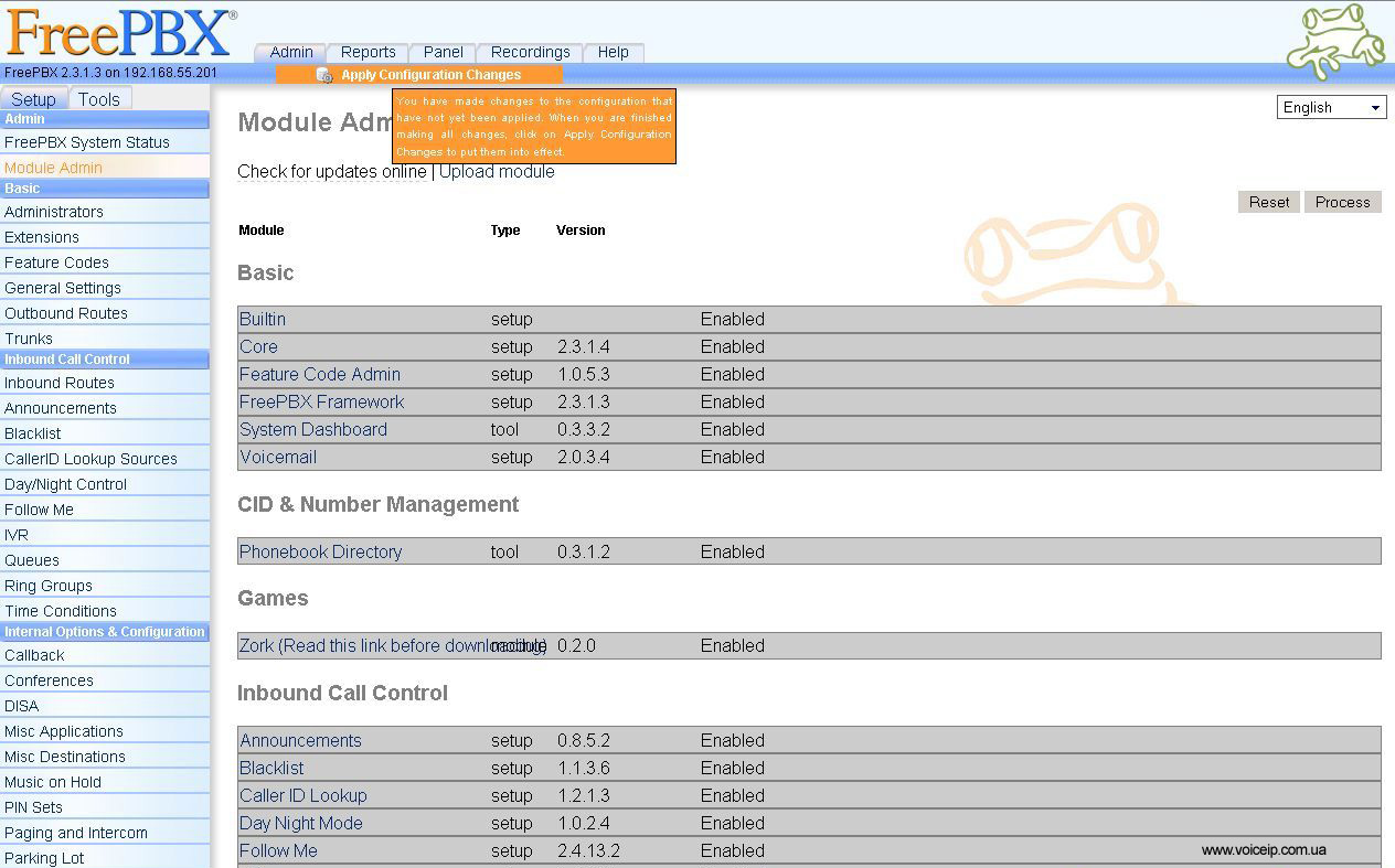 Нажмите для увеличения FreePBX: Apply changes