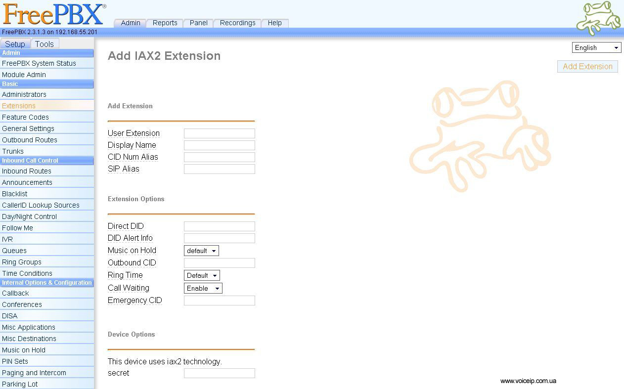Нажмите для увеличения FreePBX: add IAX2P extension