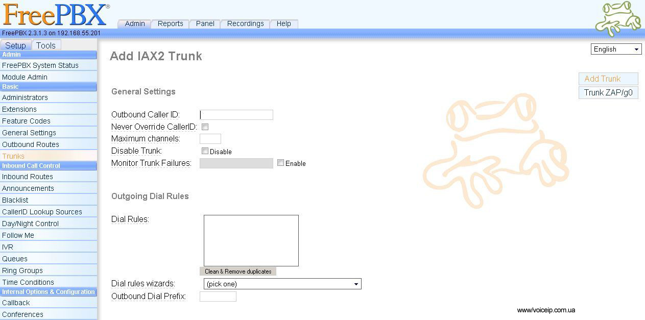 Нажмите для увеличения FreePBX: add IAX trunk